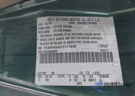 2000 Ford Mustang z USA, uszkodzony, nr VIN 1FAFP4044YF177648